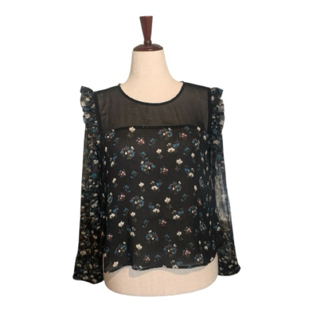 Dainty Zara Basic Floral Print Semi Sheer Boho Blouse Top Ruffled Size‎ Large